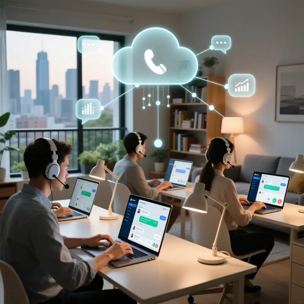remote call center agents connected globally via cloud technology