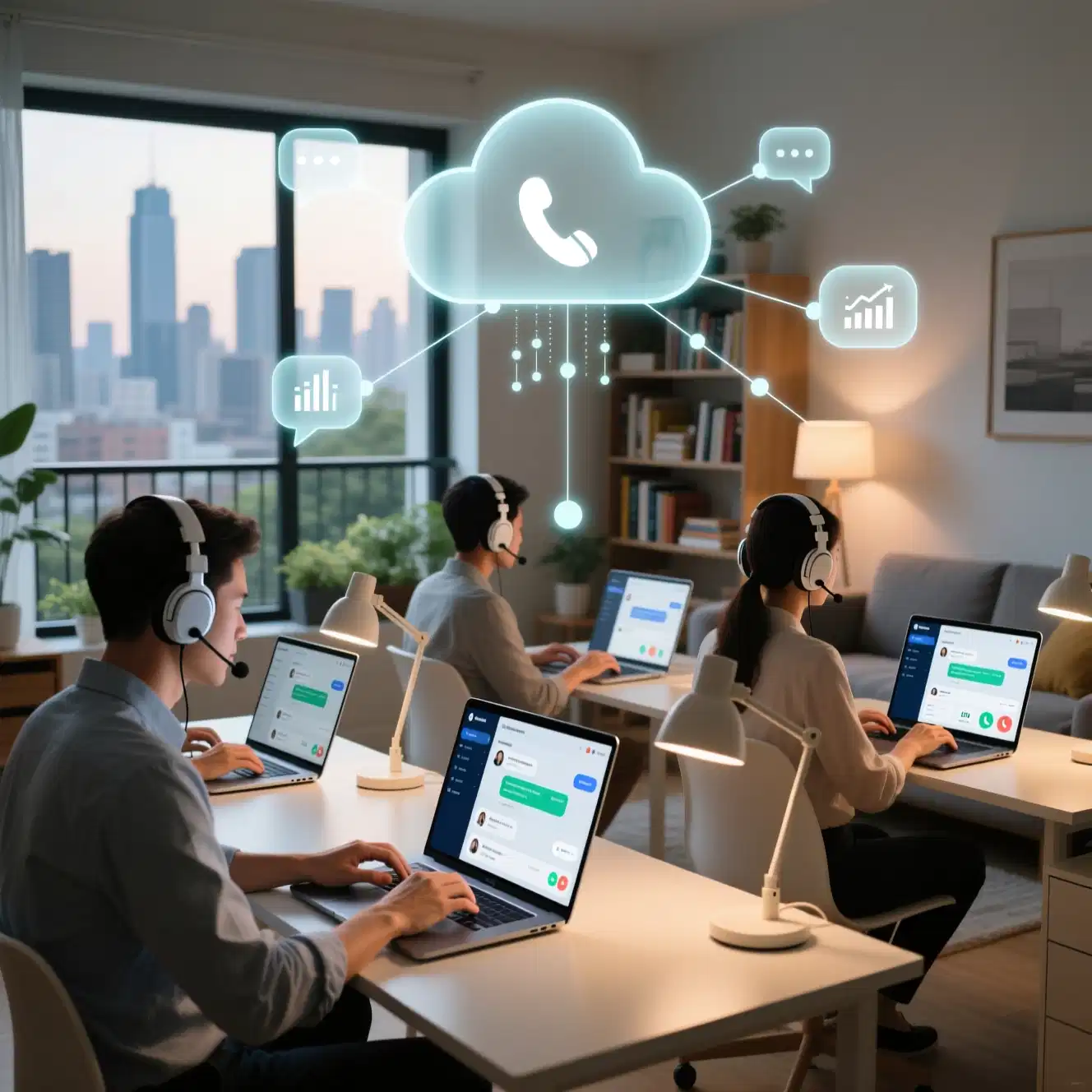 remote call center agents connected globally via cloud technology
