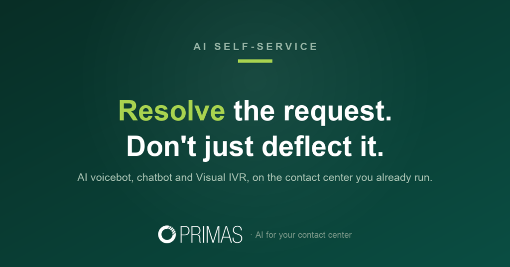 AI self-service for contact centers: resolve the request, don't just deflect it. Primas.