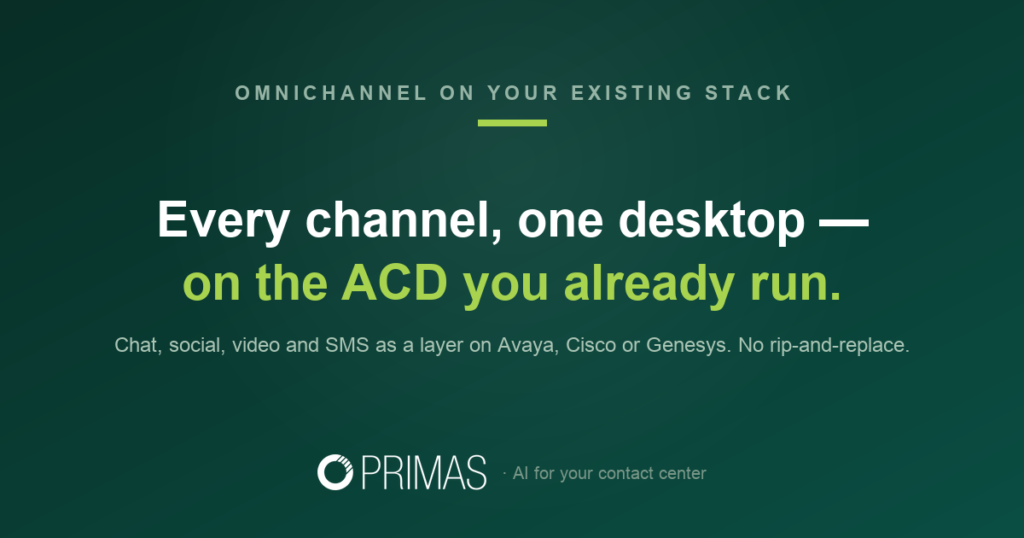 Every channel, one desktop, on the ACD you already run — omnichannel without rip-and-replace. Primas.