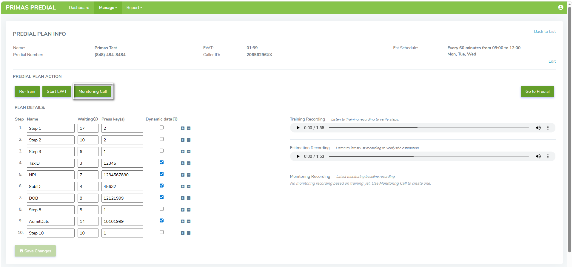 Pre-Dial plan detail: a ten-step trained key path with named dynamic fields and three verification recordings