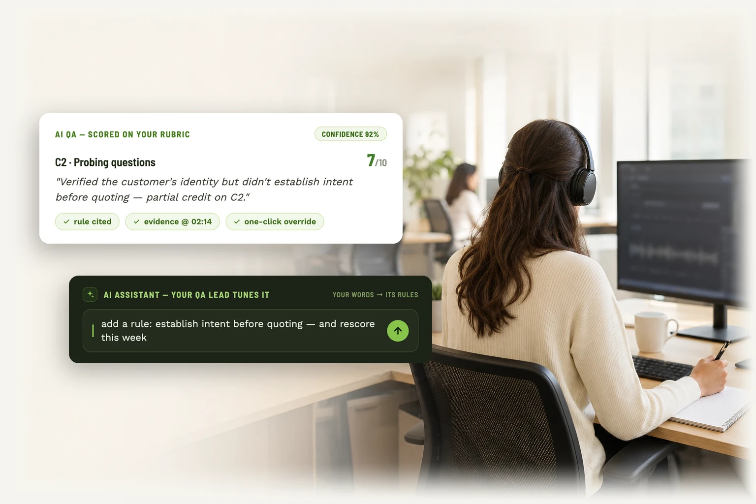 A QA reviewer with headphones at her desk while the AI's defensible scorecard — criterion, reasoning, cited rule and confidence — floats beside her, and her QA lead tunes the rubric in the AI assistant box