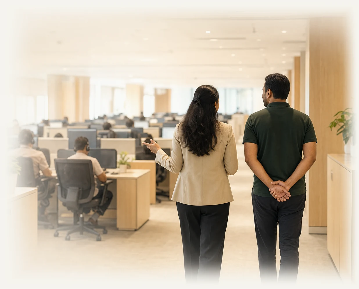 A contact-center leader and a Primas engineer walking a calm operations floor together