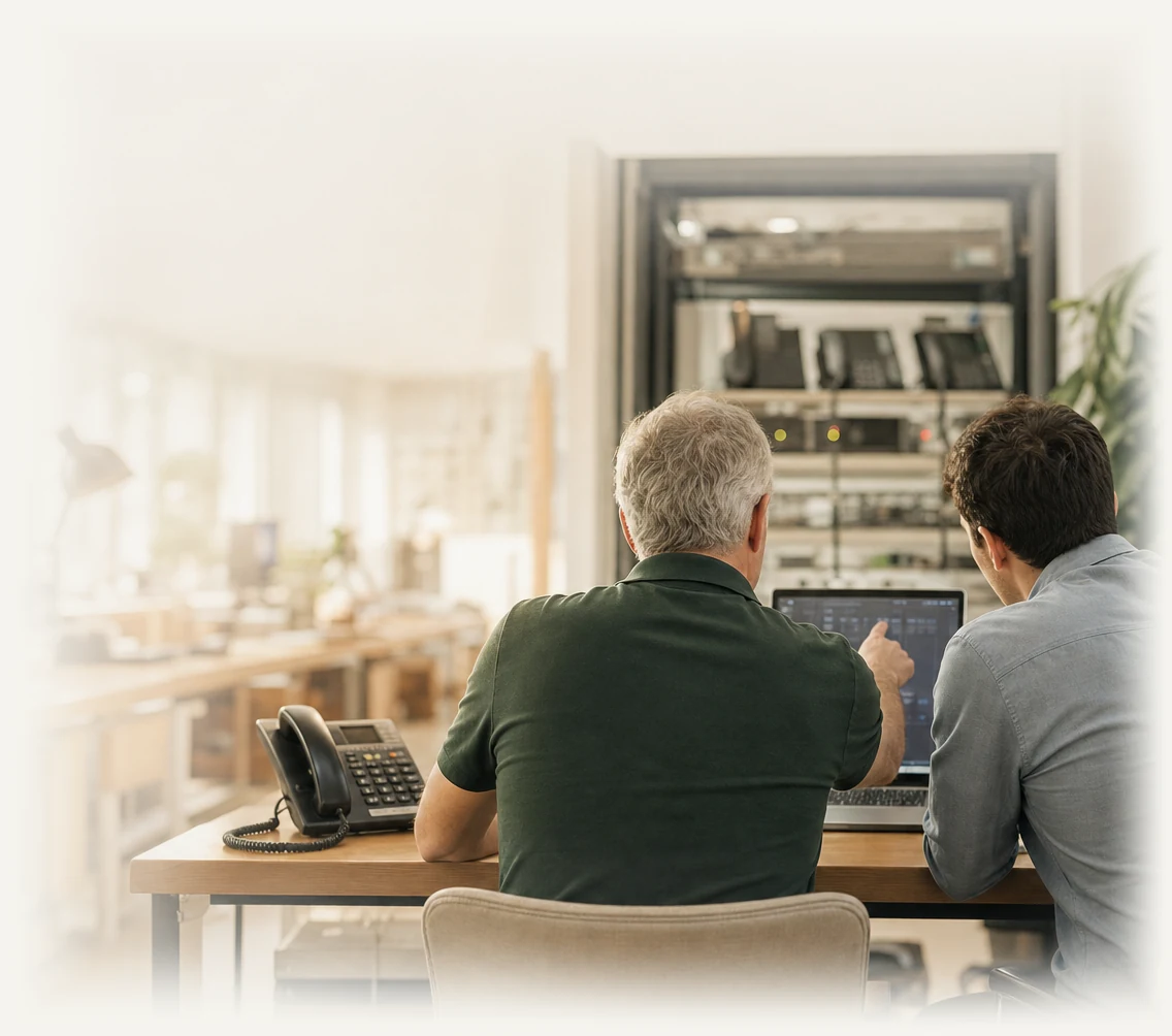 Two Primas engineers working side by side at a desk with a classic desk phone beside a modern laptop