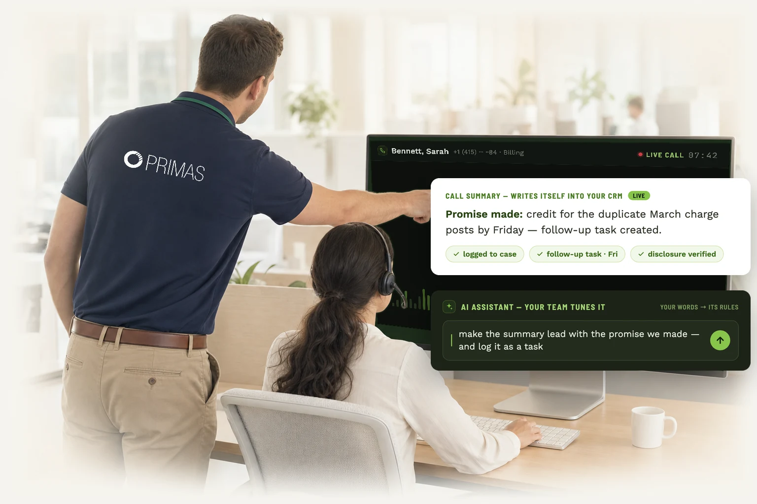 A Primas engineer taps the AI's call summary card floating over a live-call screen while the agent at the keyboard tunes the AI assistant in its prompt box