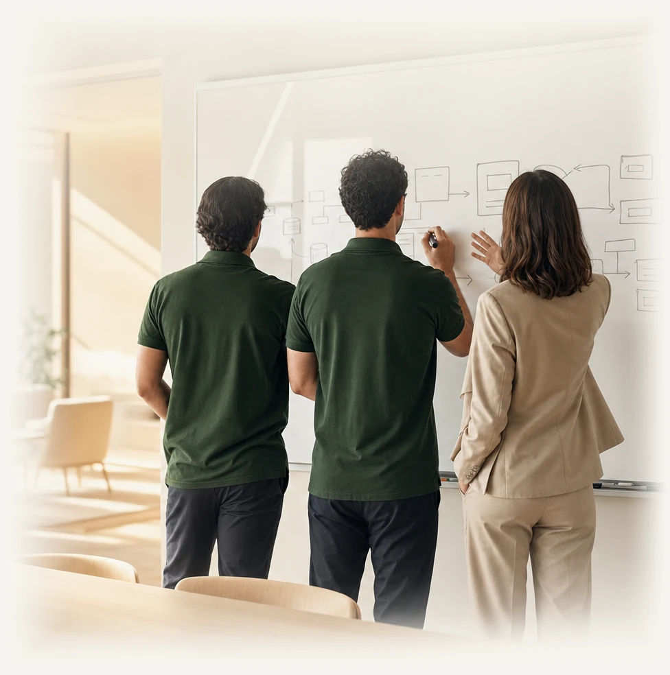 A partner and a Primas engineer sketching one system diagram on a whiteboard together