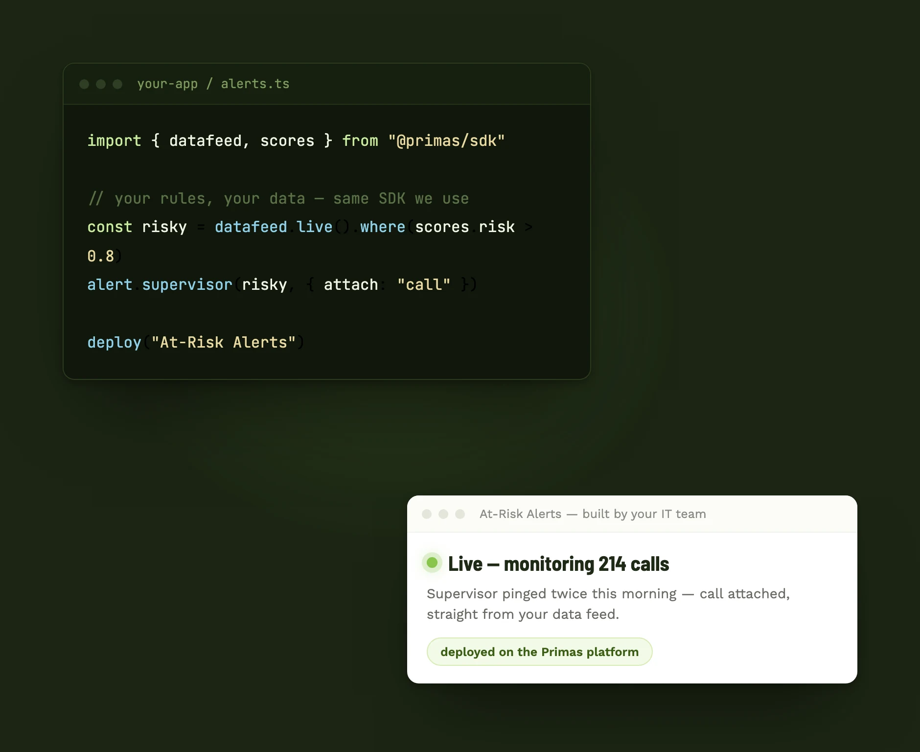 Code using the Primas SDK next to the resulting app, built by the customer's IT team, running live