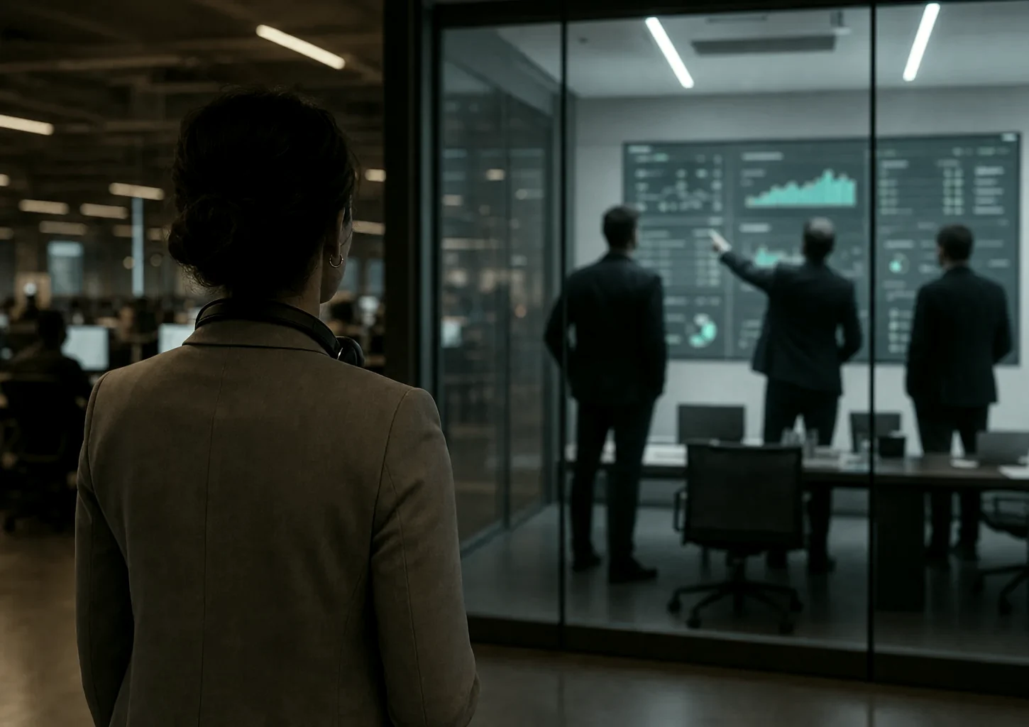 A contact-center operations leader watches through a glass wall as outside consultants point at her operation's dashboard in a cold meeting room